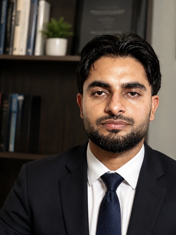Portrait of Navdeep Singh in a dark suit and navy tie, seated in an office.